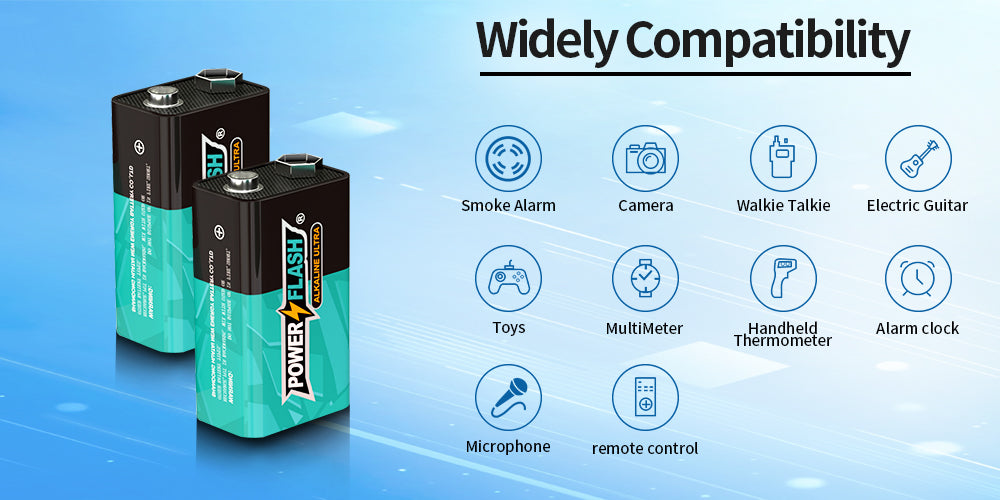 9V Alkaline Batteries, Long-Lasting 9 Volt Square Batteries, 10-Year Shelf Life, Leak-Proof Power for Smoke Alarms, Microphones and Toys - Power Flash
