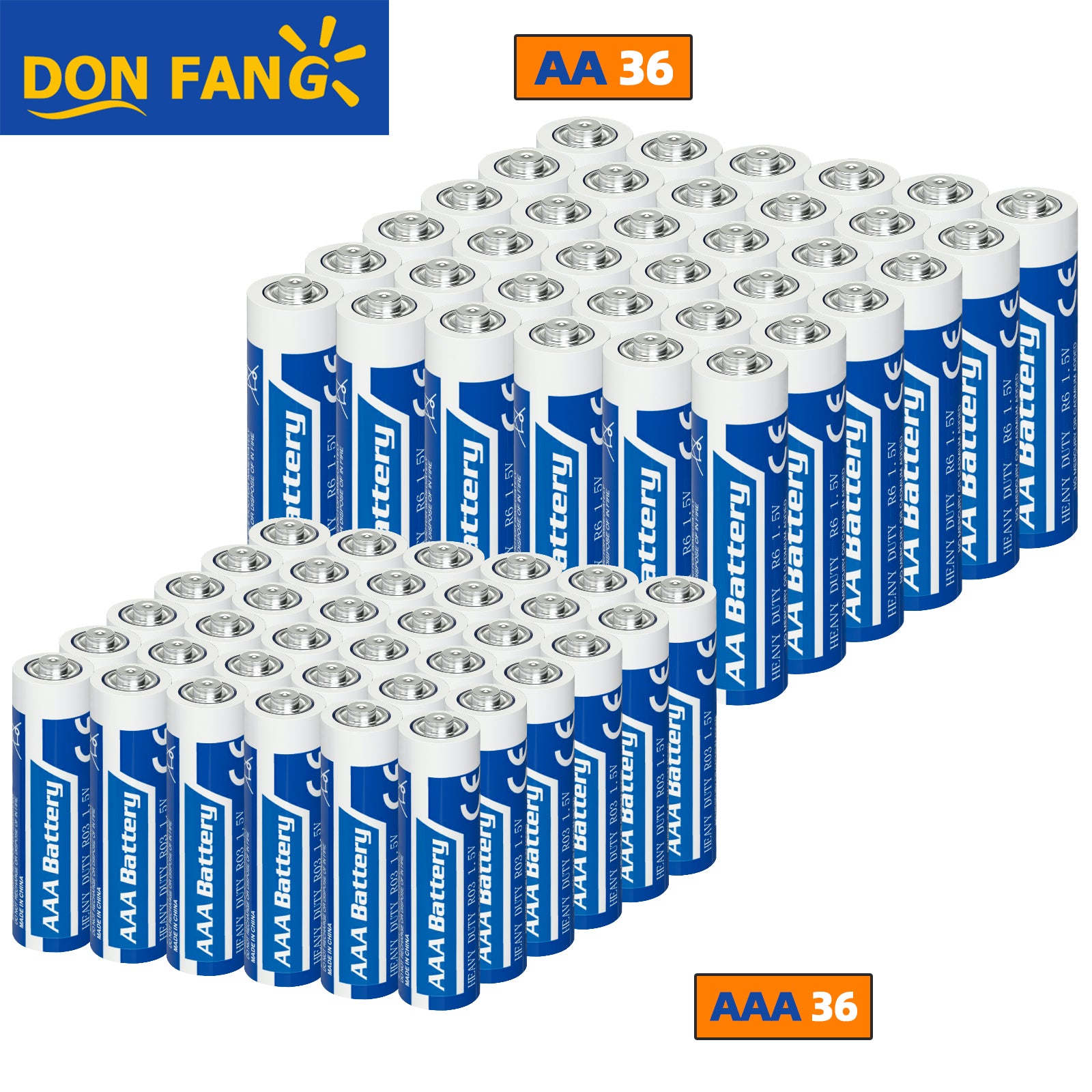 AAA/AA Super Heavy Duty Battery Combo Pack (36 AAA & 36 AA), 1.5V Carbon Zinc